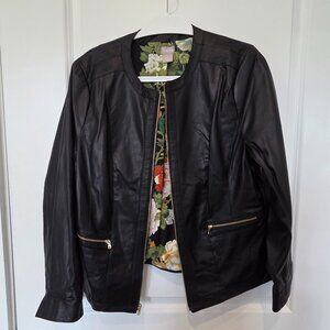 Chico's Faux Leather Black Bomber Jacket w/Floral Lining - Sz 2 / L / 14 - NWOT
